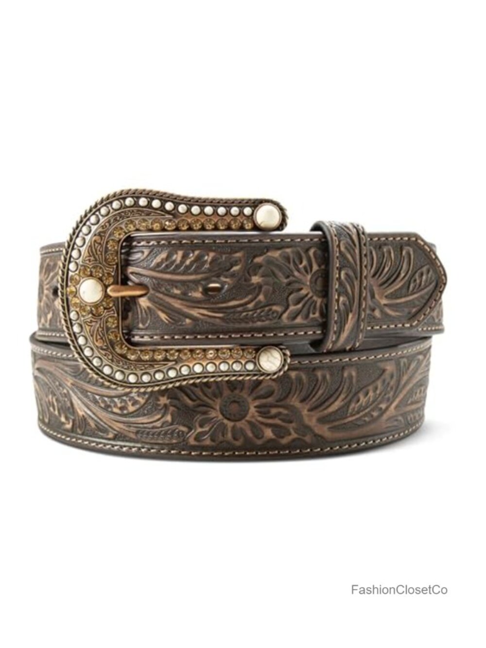 Floral Embossed Stone Crystal Buckle Western Belt